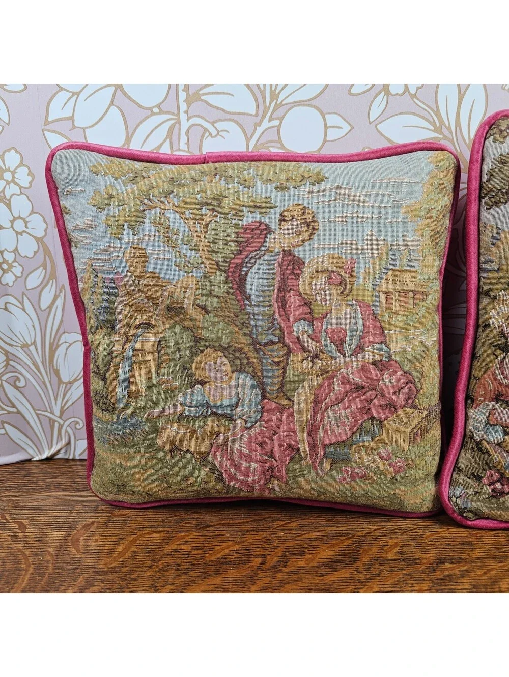Pair Vintage French Country Tapestry Pillows Pastoral Courting Scenes Pink